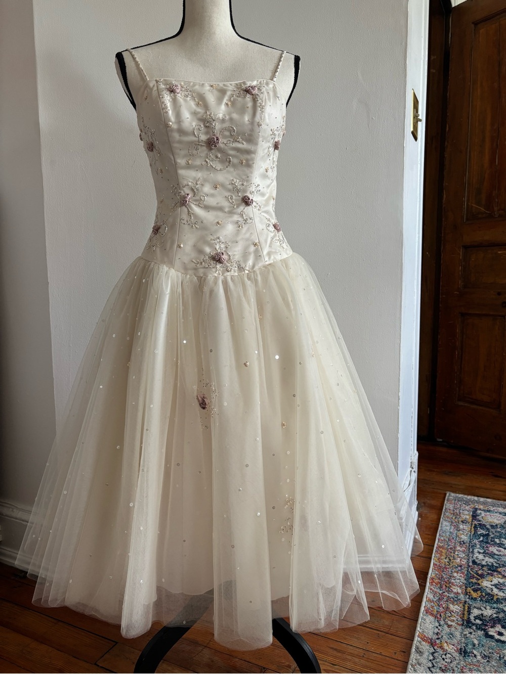 Ivory Embellished Midi Tulle Dress with Floral Appliqué